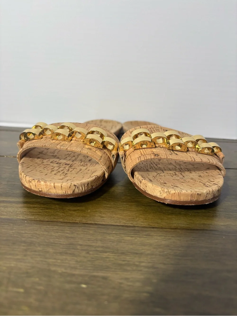 Veronica Beard Womens Sandals Eni Cork Gold Metal Chain Slide Shoe Sz 9